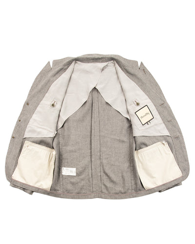 MotivMfg Peak Lapel Sack Jacket - Light Grey Stripe High Twist Linen Serge - Standard & Strange