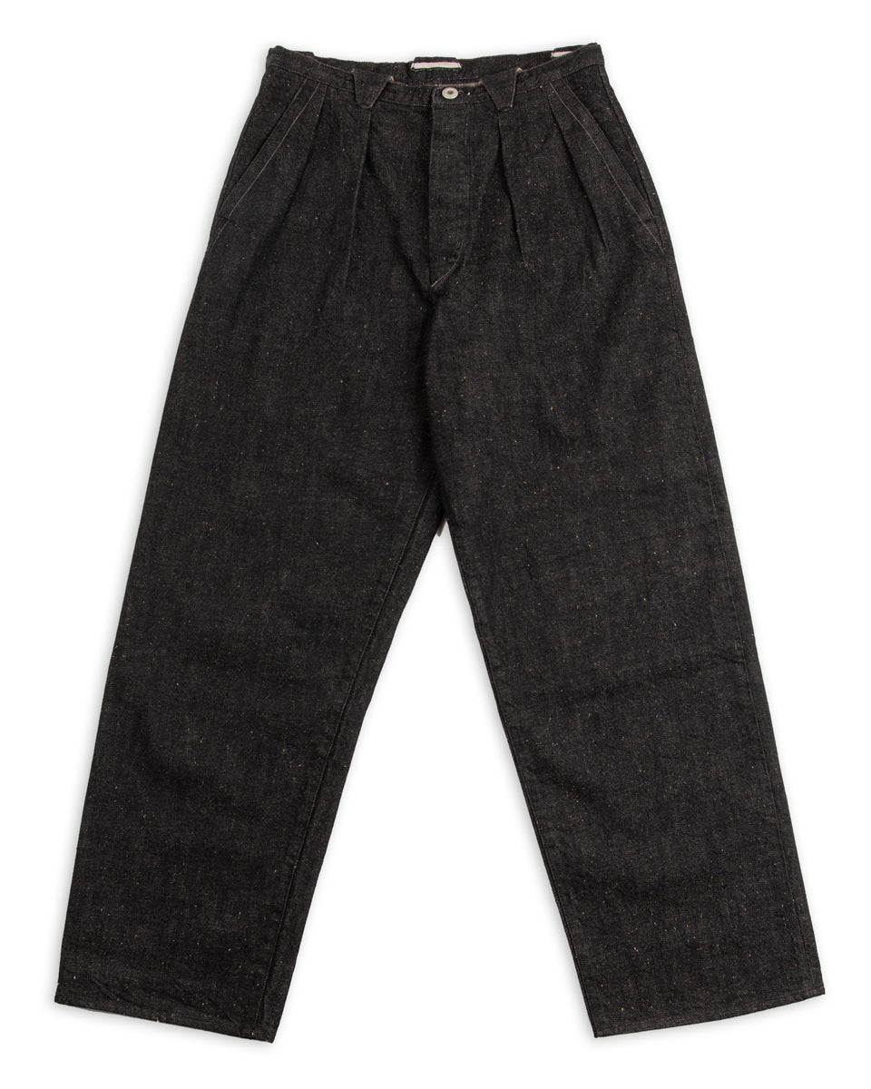 MotivMfg Pleat Denim Trousers - Char Brown Donegal Denim