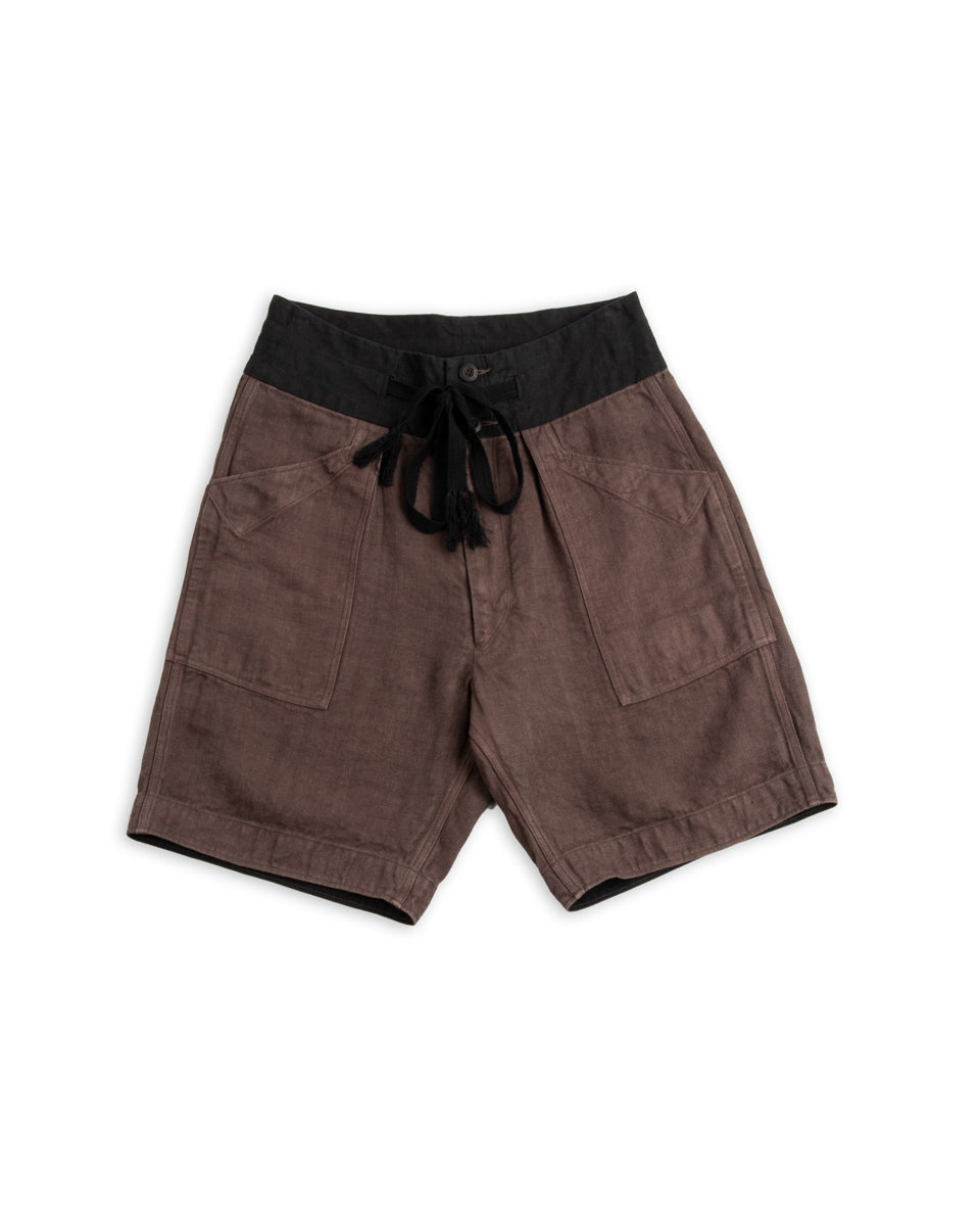 Wide Waistband Shorts - Overdyed Irish Linen HBT/Chestnut