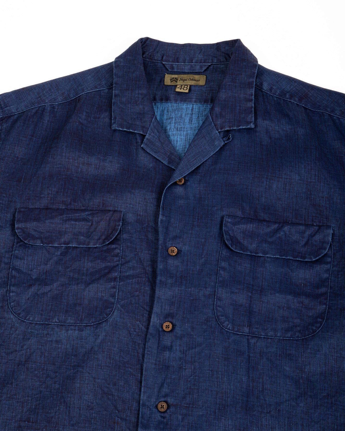 Open Collar S/S Shirt - Indigo Linen