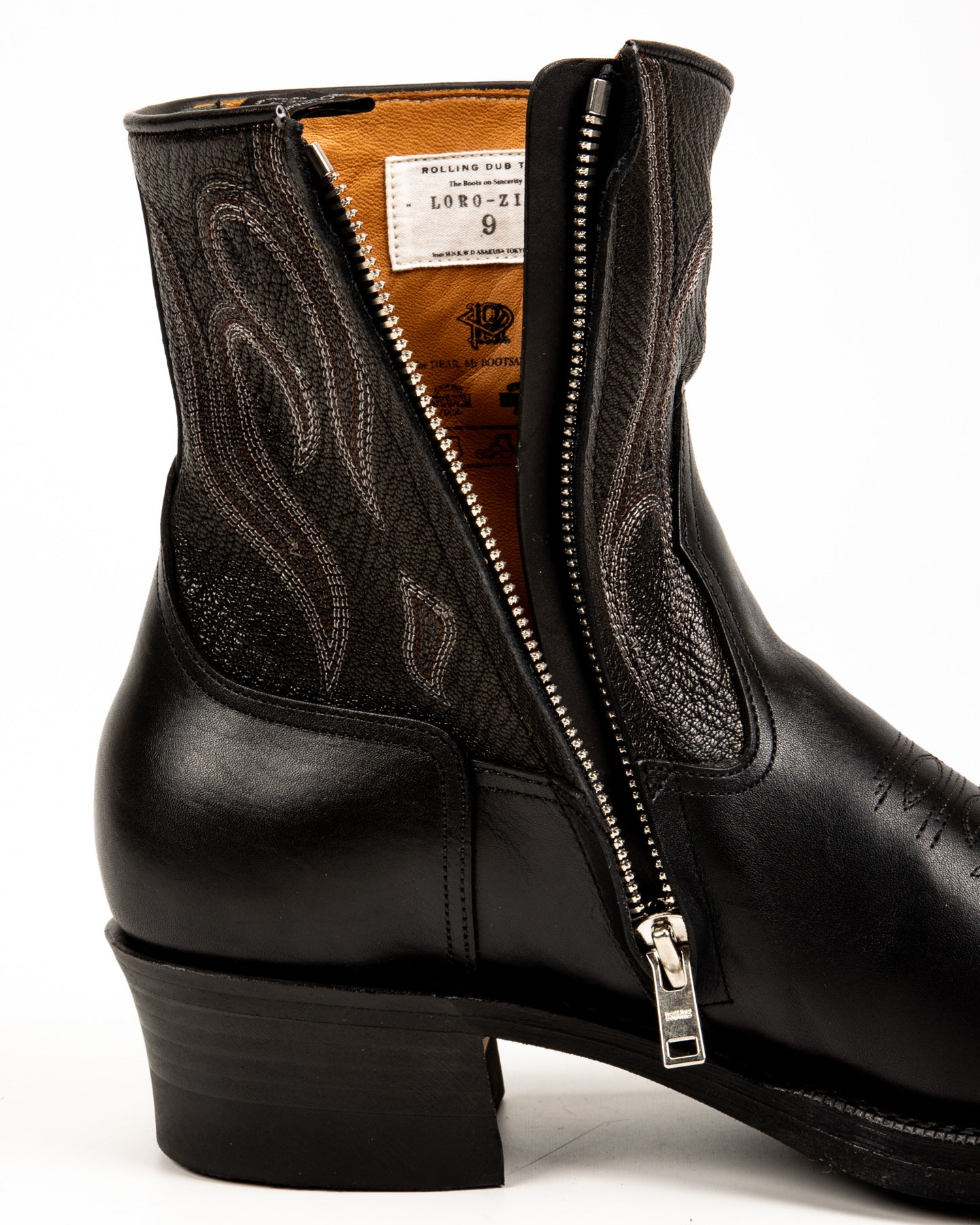 Loro Side Zip - Goat/Calf Black Flame Embroidery – Standard & Strange
