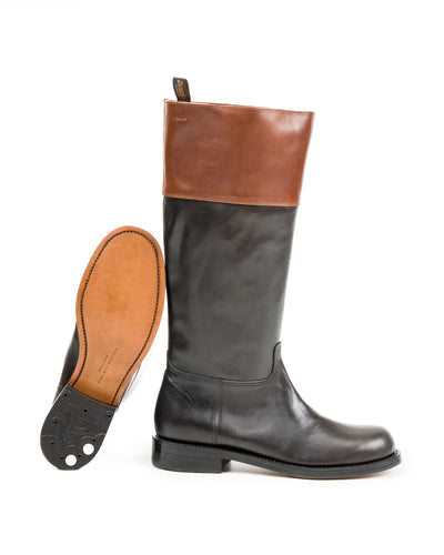 Rolling Dub Trio Rottweiler Riding Boots - Black & Brown Horsehide - Standard & Strange