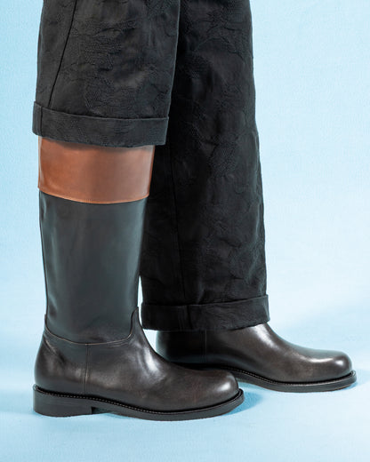 Rolling Dub Trio Rottweiler Riding Boots - Black & Brown Horsehide - Standard & Strange