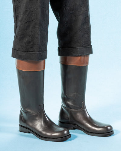 Rolling Dub Trio Rottweiler Riding Boots - Black & Brown Horsehide - Standard & Strange