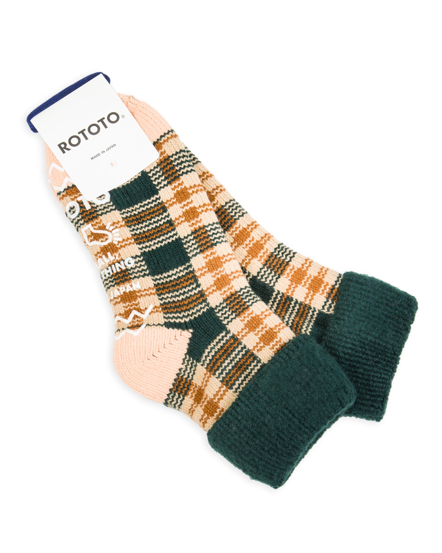 RoToTo Comfy Room Socks "Check" - Forest Green/Beige - Standard & Strange