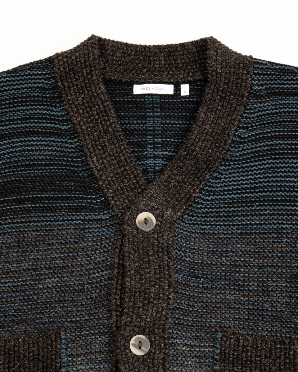 【BLACK】UNDYED ALPACA STRIPE CARDIGAN Indi + Ash Ren Cardigan - Undyed Black Alpaca/Dark Indigo