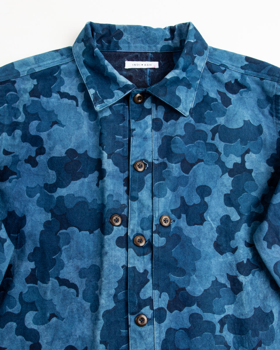 Indi + Ash Cloud Camo Shirt Jacket, Indigo Screen Printed Organic Cotton Canvas - 1 (XS)