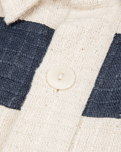 Rugby Shirt - Handwoven Natural/Indigo Ripstop Black Print Stripe
