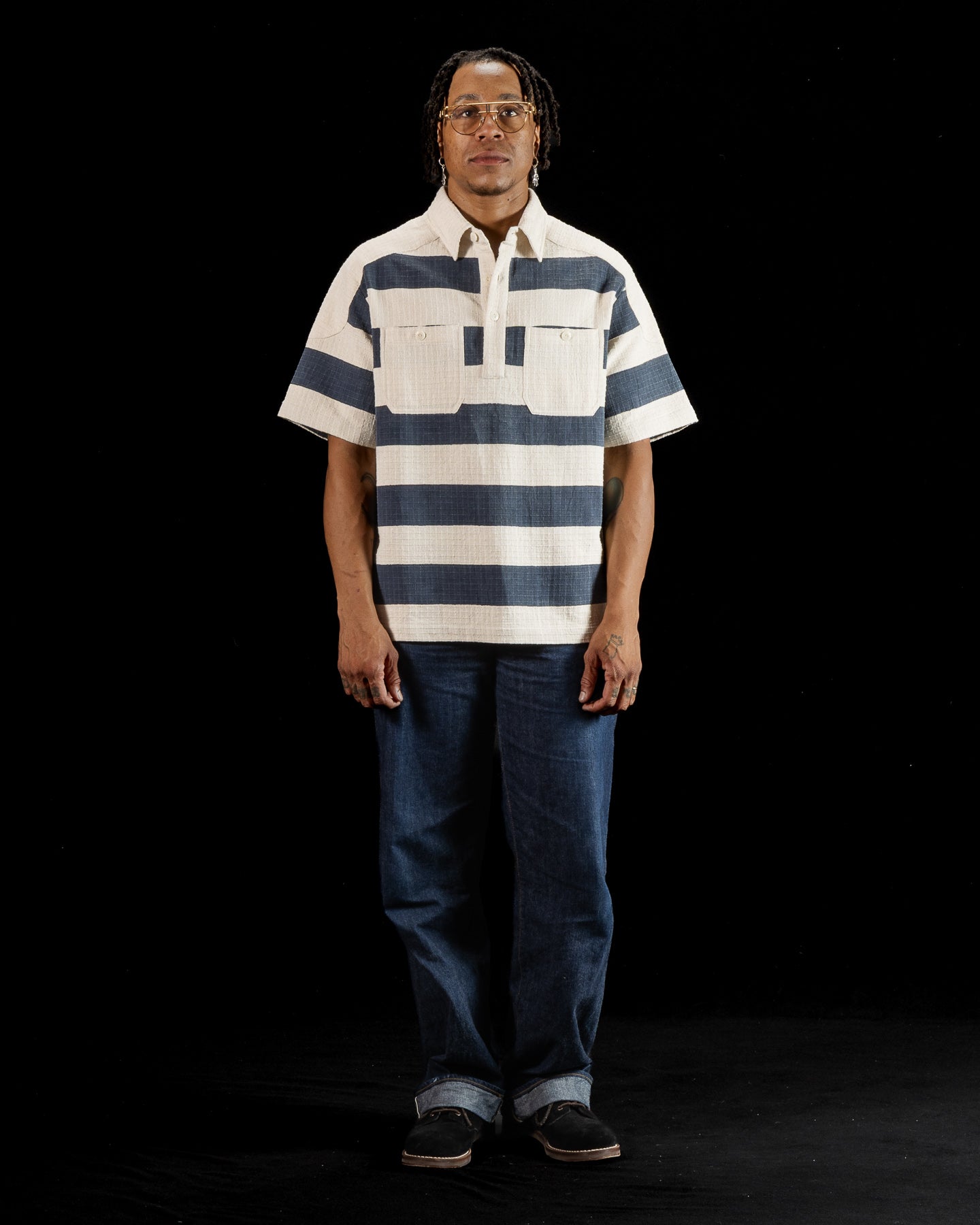 Rugby Shirt - Handwoven Natural/Indigo Ripstop Black Print Stripe