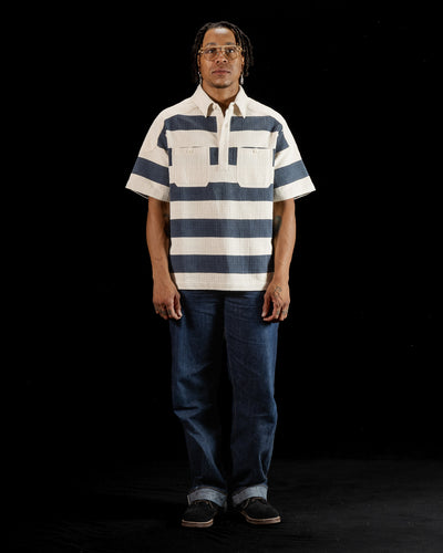 Rugby Shirt - Handwoven Natural/Indigo Ripstop Black Print Stripe