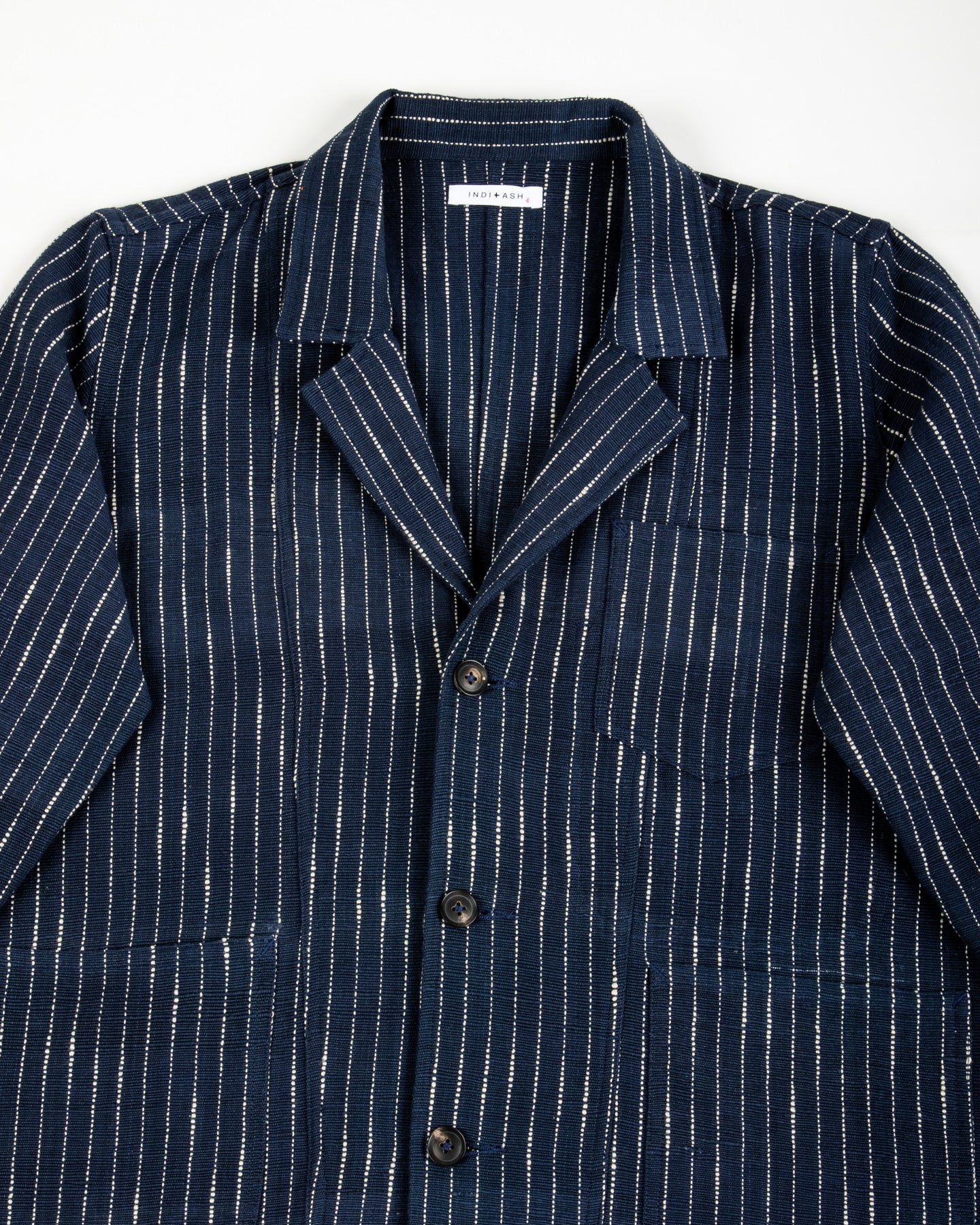 Study Jacket - Handwoven Dark Indigo/Ecru Ticking Stripe