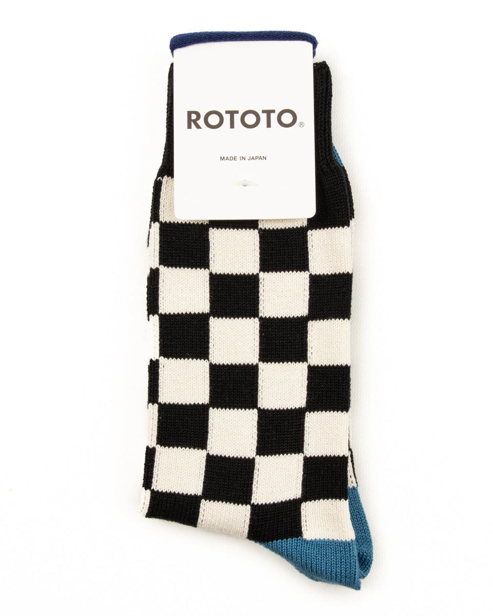 RoToTo Checkerboard Crew Socks - Black/Ivory/Light Blue - Standard & Strange