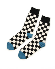 RoToTo Checkerboard Crew Socks - Black/Ivory/Light Blue - Standard & Strange