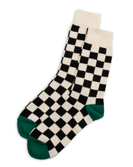 RoToTo Checkerboard Crew Socks - Ivory/Black/Green - Standard & Strange