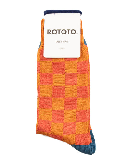 RoToTo Checkerboard Crew Socks - Light Orange/Terracotta/Blue - Standard & Strange
