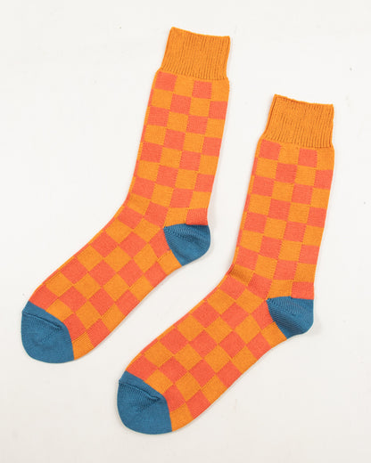 RoToTo Checkerboard Crew Socks - Light Orange/Terracotta/Blue - Standard & Strange