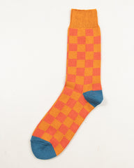 RoToTo Checkerboard Crew Socks - Light Orange/Terracotta/Blue - Standard & Strange