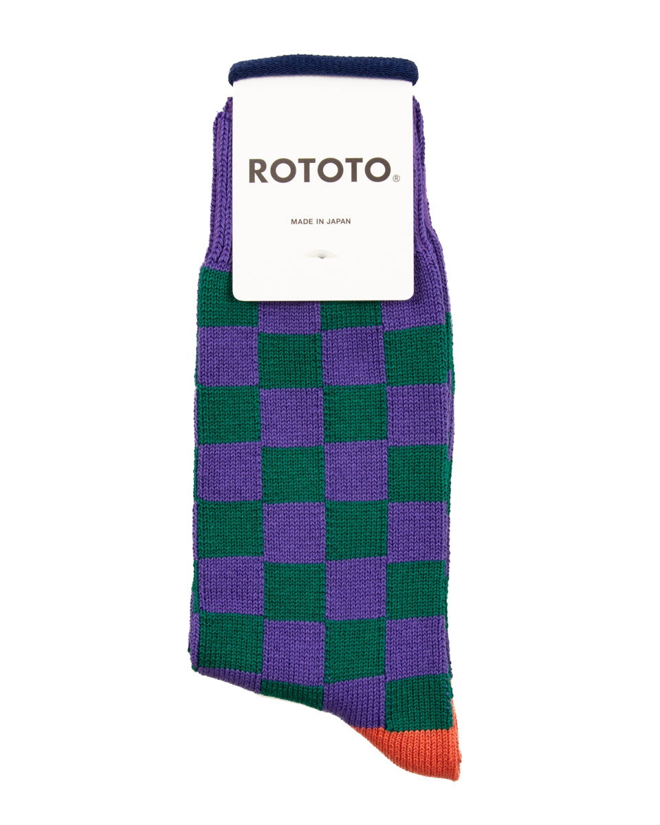RoToTo Checkerboard Crew Socks - Purple/Green/Terracotta - Standard & Strange