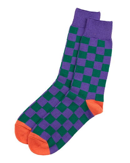 RoToTo Checkerboard Crew Socks - Purple/Green/Terracotta - Standard & Strange