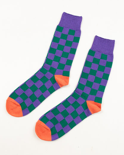 RoToTo Checkerboard Crew Socks - Purple/Green/Terracotta - Standard & Strange