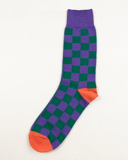 RoToTo Checkerboard Crew Socks - Purple/Green/Terracotta - Standard & Strange