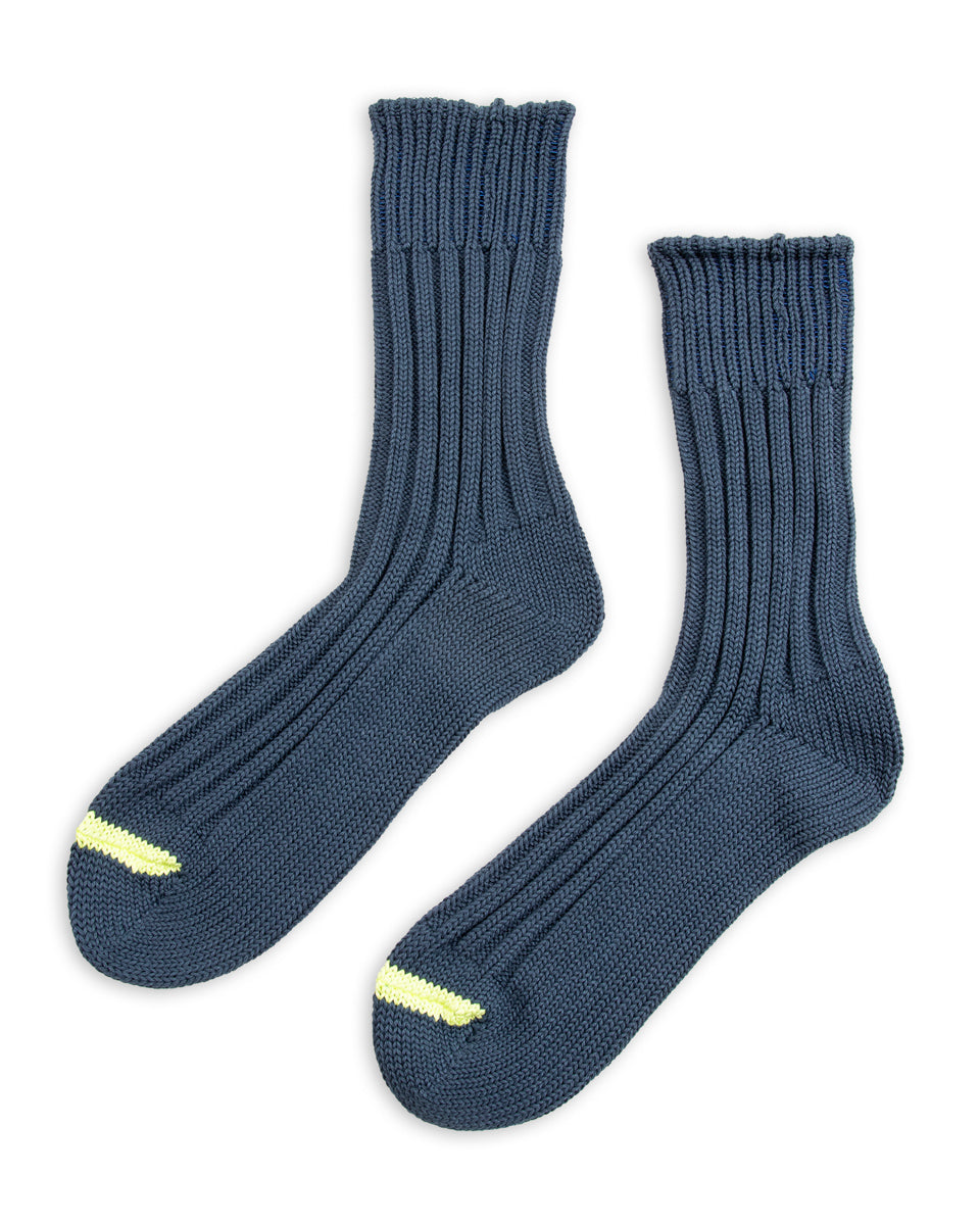 RoToTo Chunky Ribbed Crew Sock - Dark Blue/Lime - Standard & Strange