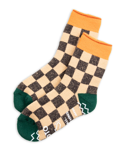 RoToTo Comfy Room Socks - Checker Light Orange/Dark Green - Standard & Strange