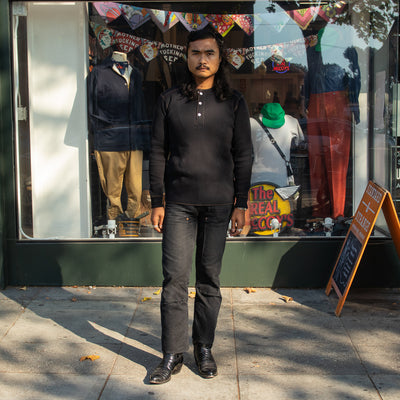 The Real McCoy's Joe McCoy Long Sleeve Waffle Henley - Black - Standard & Strange