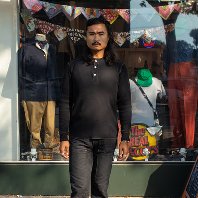 The Real McCoy's Joe McCoy Long Sleeve Waffle Henley - Black - Standard & Strange