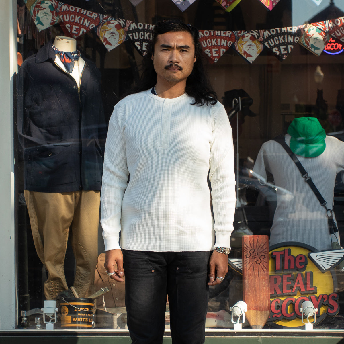 The Real McCoy's Joe McCoy Long Sleeve Waffle Henley - White