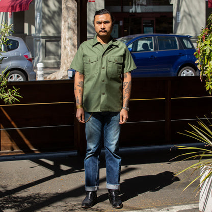 The Real McCoy's Cotton Sateen Shirt S/S - Olive Green - Standard & Strange