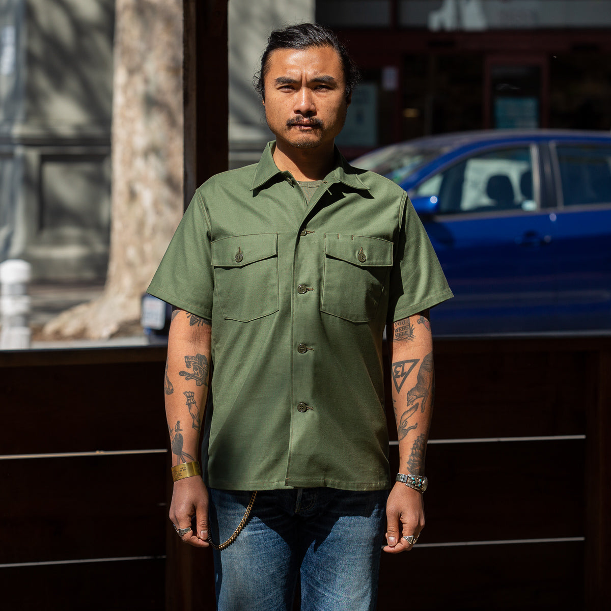 THE REAL McCOY’S SATEEN UTILITY SHIRTS The Real McCoy's Cotton Sateen Shirt S/S - Olive Green – Standard