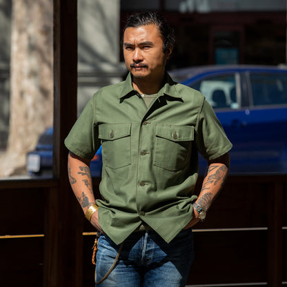 The Real McCoy's Cotton Sateen Shirt S/S - Olive Green - Standard & Strange