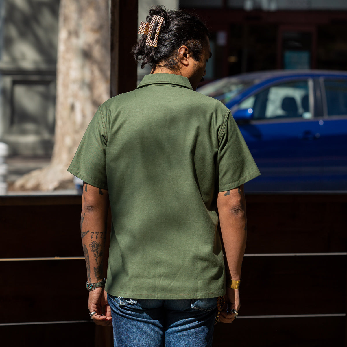 The Real McCoy's Cotton Sateen Shirt S/S - Olive Green - Standard & Strange