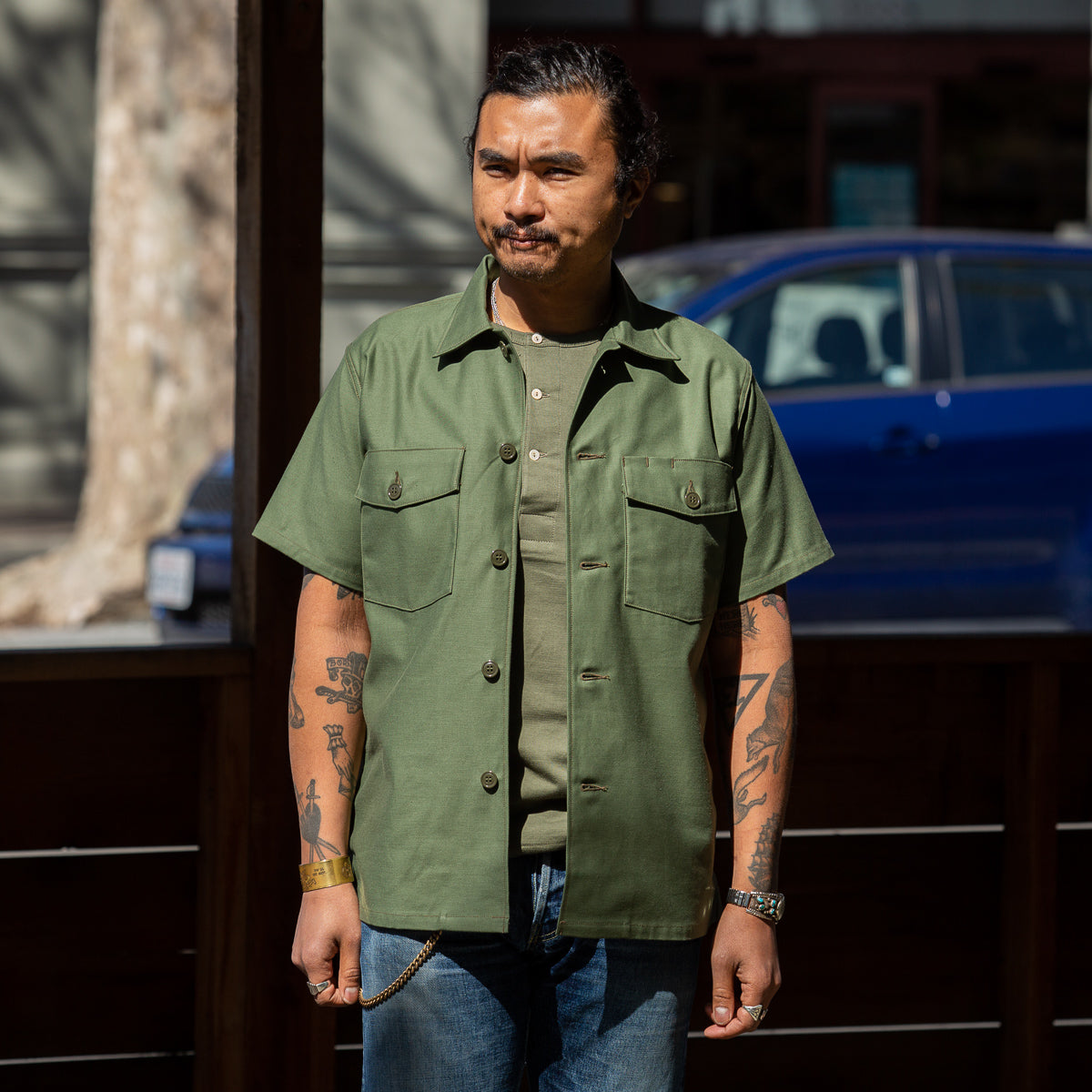 The Real McCoy's Cotton Sateen Shirt S/S - Olive Green - Standard & Strange