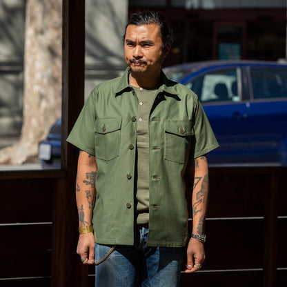 The Real McCoy's Cotton Sateen Shirt S/S - Olive Green - Standard & Strange