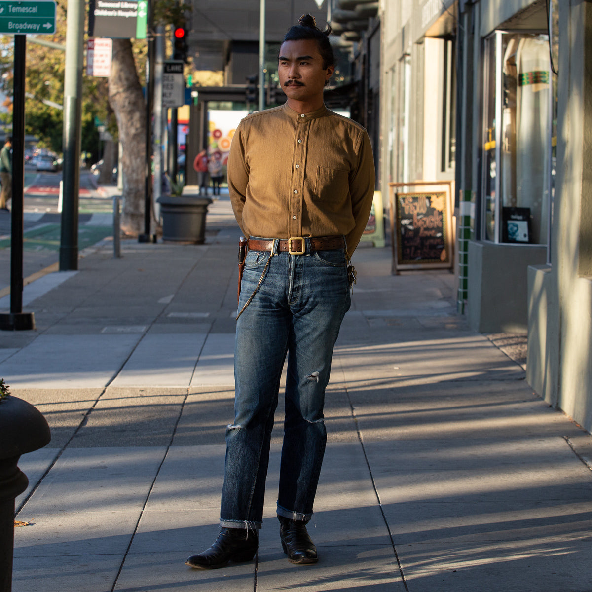 The Real McCoy's Double Diamond Band Collar Sateen Shirt - Khaki - Standard & Strange