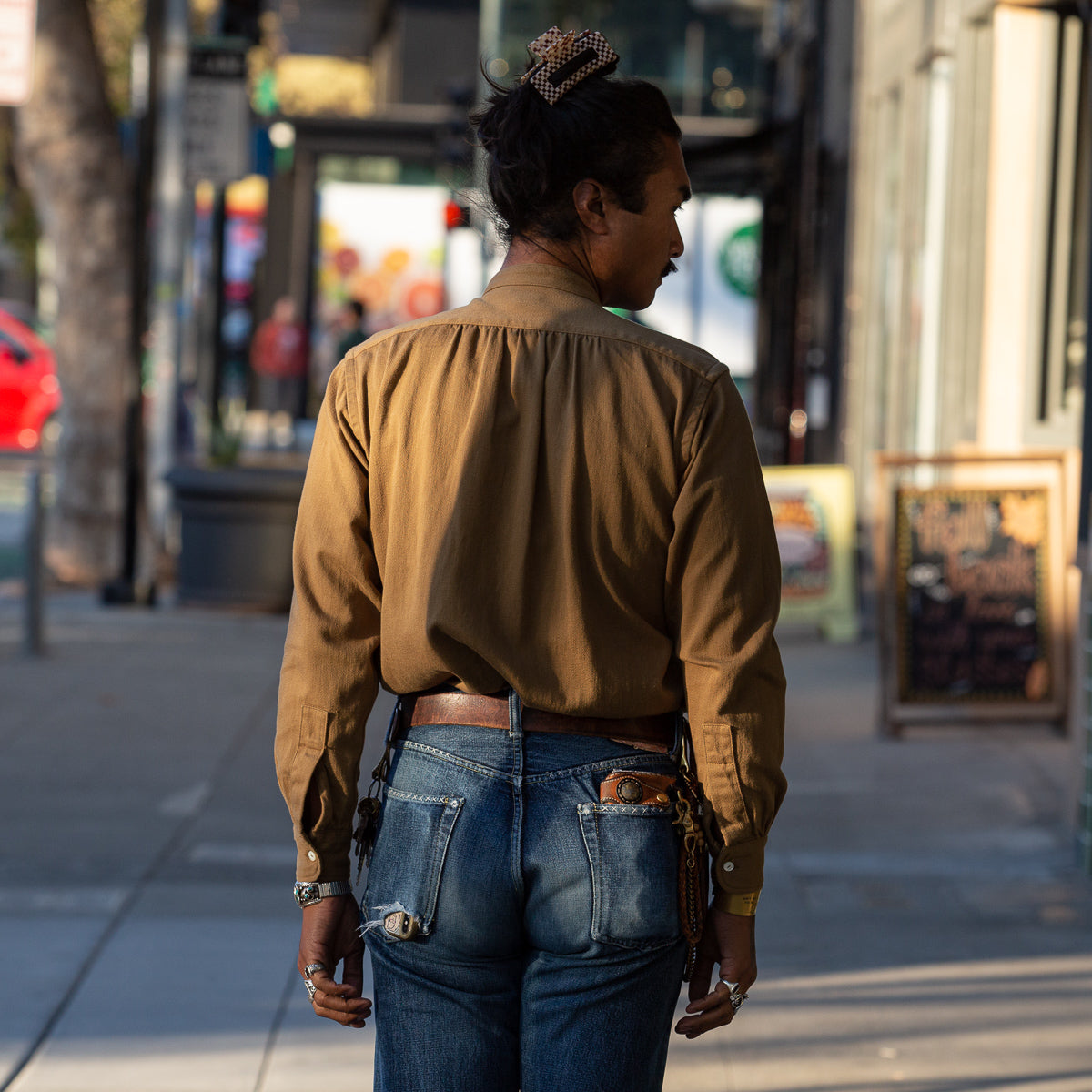 The Real McCoy's Double Diamond Band Collar Sateen Shirt - Khaki - Standard & Strange