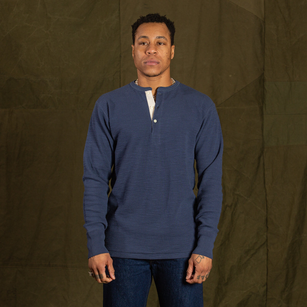 The Real McCoy's Western Cardigan Stitch Henley Shirt - Cobalt - Standard & Strange