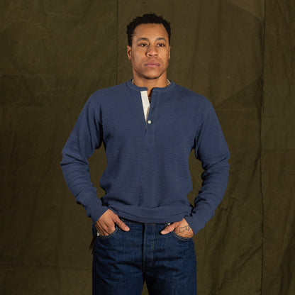 The Real McCoy's Western Cardigan Stitch Henley Shirt - Cobalt - Standard & Strange