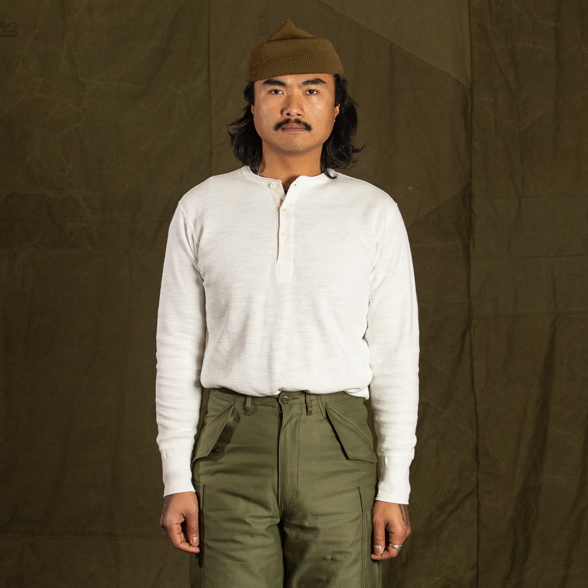 The Real McCoy's Western Cardigan Stitch Henley Shirt - White - Standard & Strange