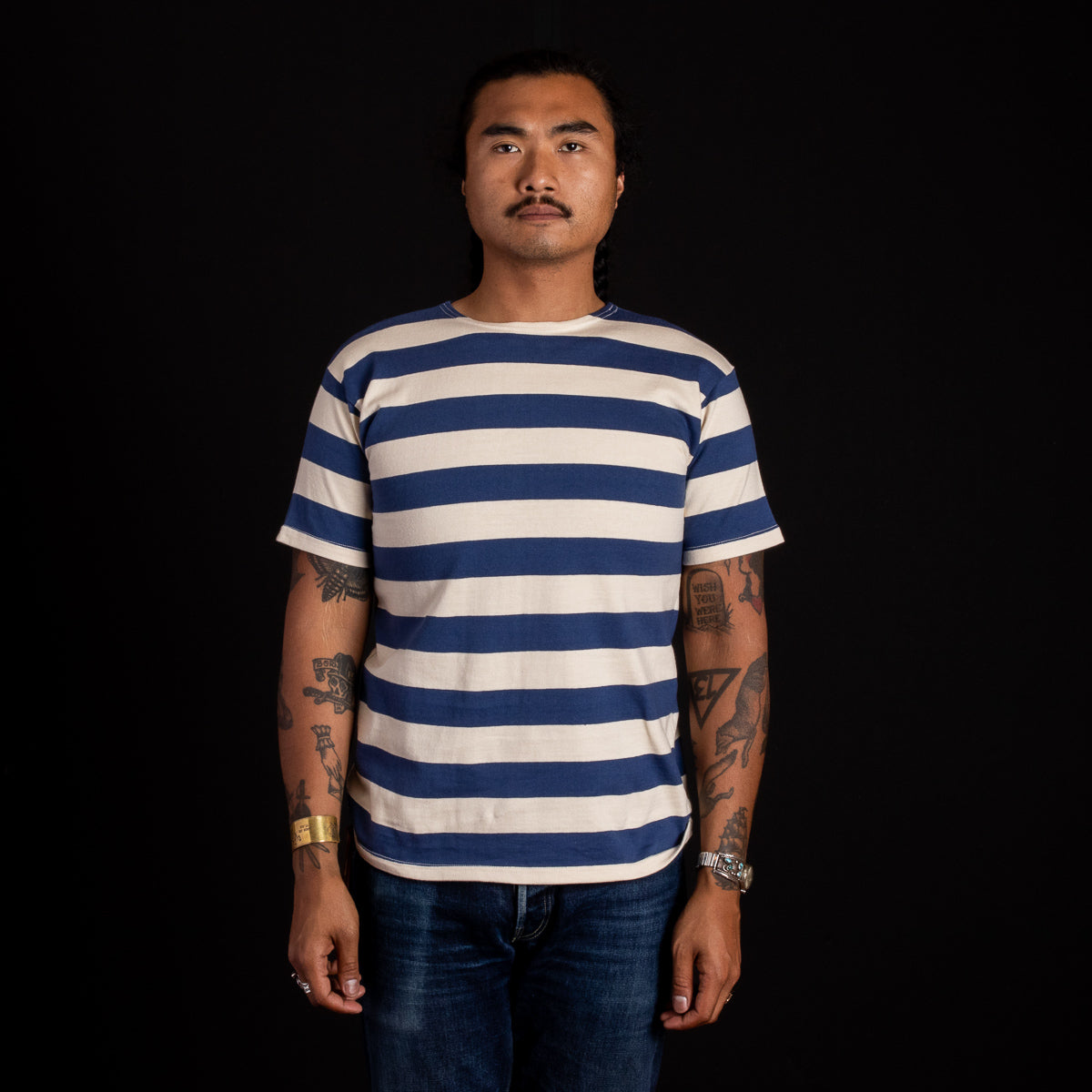 Warehouse Border Stripe Tee - Beige/Blue – Standard & Strange